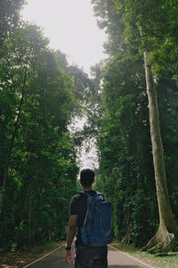 Rear view of man standing against trees