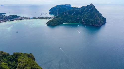 Phi phi island and tourist boat at krabi thailand aerial view
