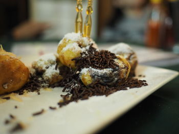 Close-up of chocolate dessert in plate on table