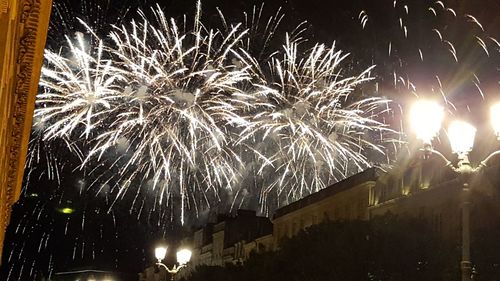 Low angle view of firework display at night