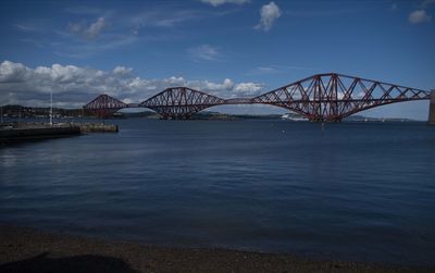 Bridge over calm river against cloudy sky