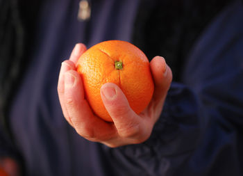 Close-up of hand holding orange