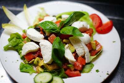 High angle view of salad in plate on table