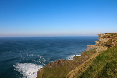 Scenic view of sea against clear blue sky