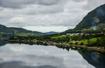 Scenic view of lake and mountains against sky