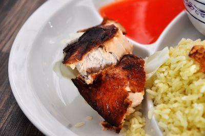 High angle view of meal served in plate on table 