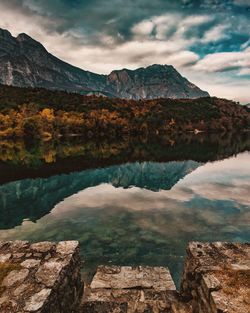 Scenic view of lake and mountains against sky