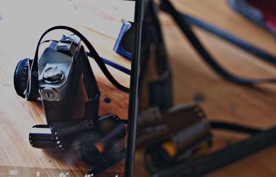 High angle view of camera on table