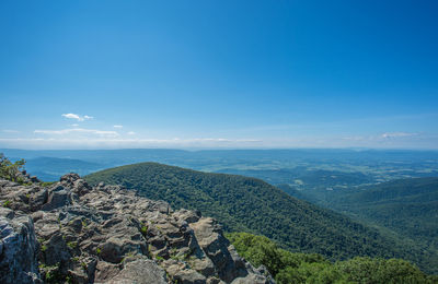 High angle view of land against blue sky