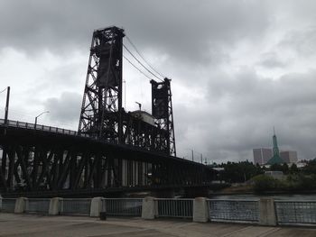 Bridge over river by buildings against sky