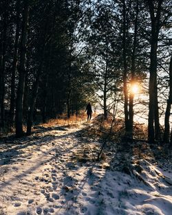 Woman in forest on snow covered landscape