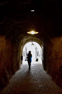 Rear view of man standing in illuminated tunnel