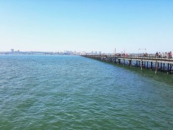 Scenic view of sea against clear blue sky