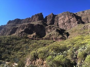 Low angle view of rocky mountains against clear blue sky