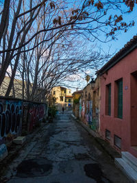 Road amidst bare trees against sky in city