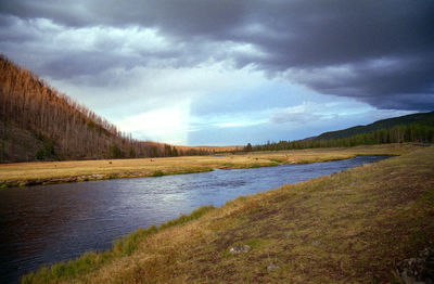 Scenic view of river against cloudy sky