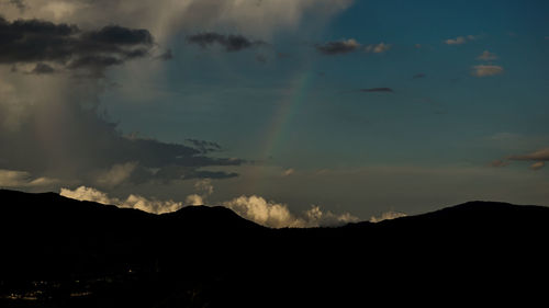 Low angle view of silhouette mountain against dramatic sky