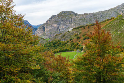 Scenic view of mountains against sky during autumn