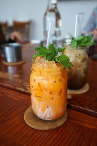 Close up glass of iced thai tea