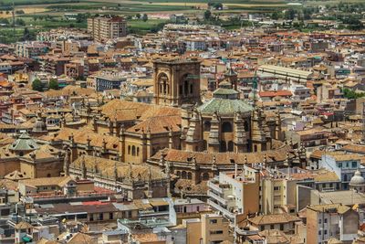 High angle view of buildings in city