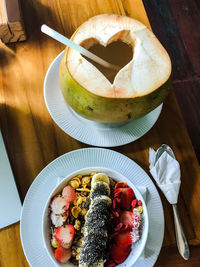 High angle view of food served on table