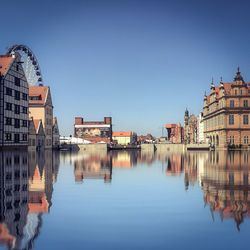 View of buildings against clear blue sky