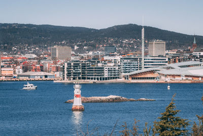 Scenic view of sea and buildings against clear sky