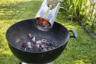 High angle view of barbecue grill in yard