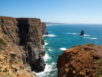 Scenic view of sea against clear blue sky