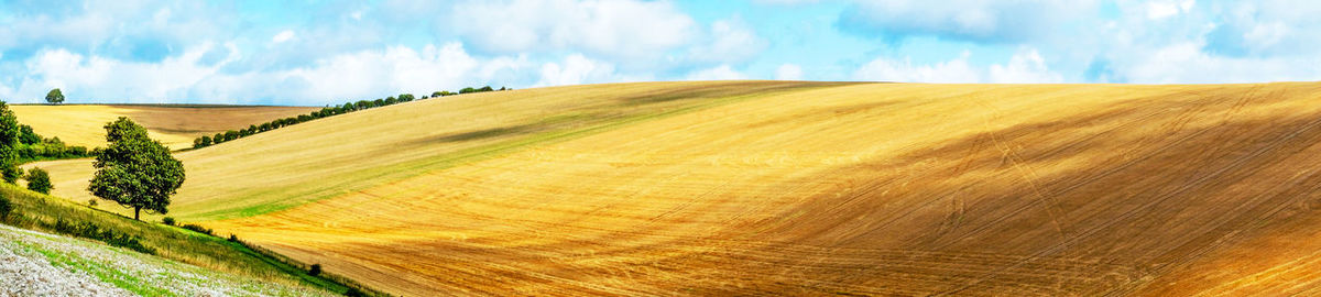 Panoramic view of agricultural field against sky