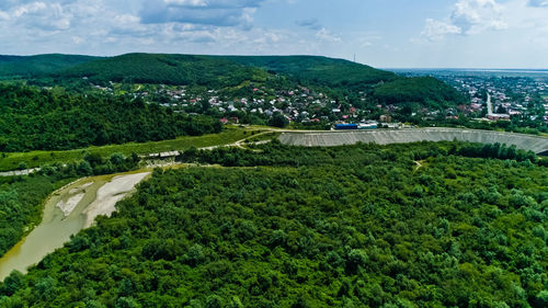 High angle view of trees on landscape against sky