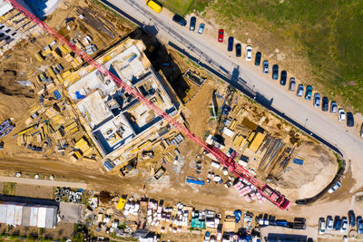 Construction site with cranes. construction workers are building. aerial view of construction