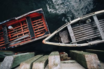 High angle view of boats moored in water