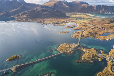 Bridge over norway fjords from aerial view