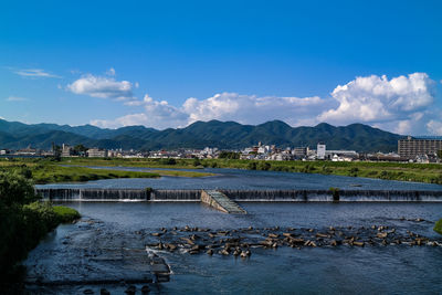 Scenic view of river against cloudy sky