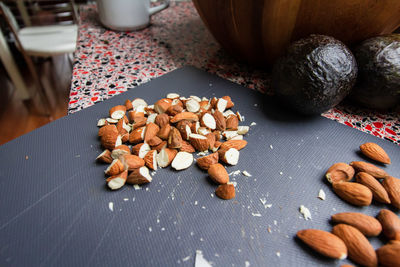 High angle view of almonds on table