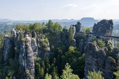 Panoramic view of trees on rock formations against sky