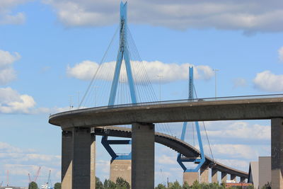 Low angle view of suspension bridge against sky