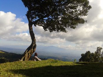 View of tree in field against cloudy sky