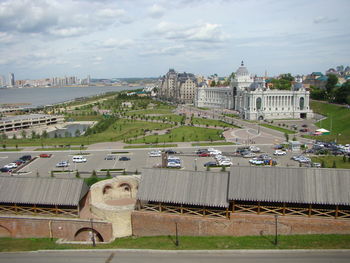 High angle view of buildings in city