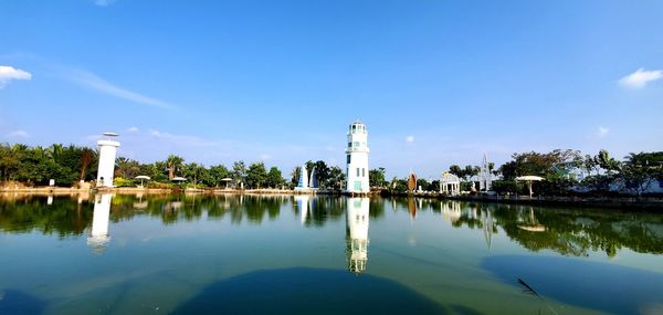 Scenic view of lake by building against sky