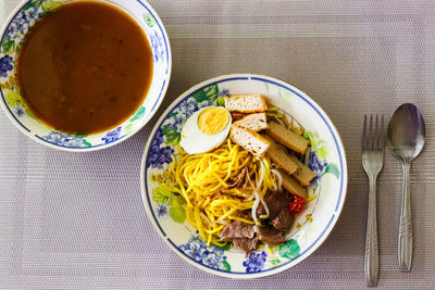 High angle view of breakfast served on table