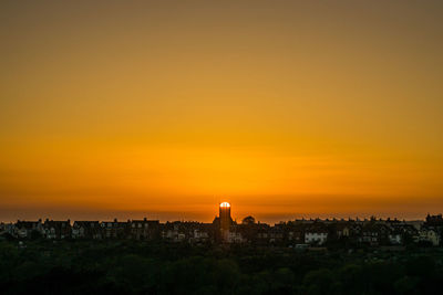 Buildings in city during sunset