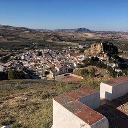 High angle view of townscape against clear sky