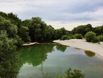 Scenic view of lake by trees against sky