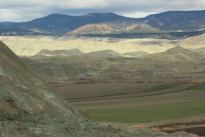 Scenic view of field and mountains against sky