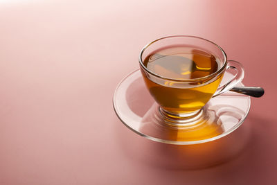 Close-up of tea in glass on table