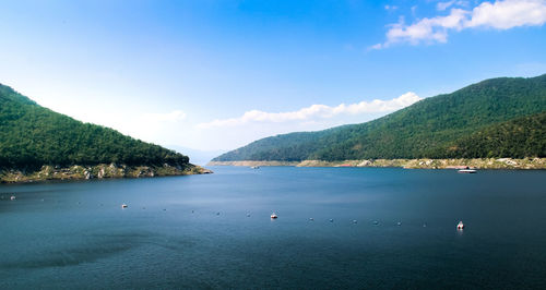 Scenic view of bay against blue sky