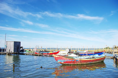 Wide shot of fishing boats at harbor against blue sky