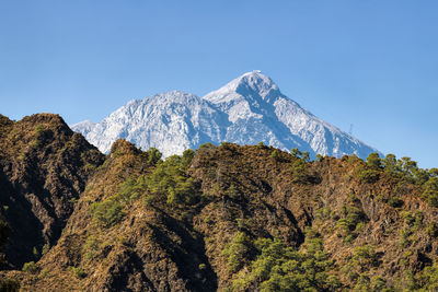 Scenic view of mountains against clear blue sky